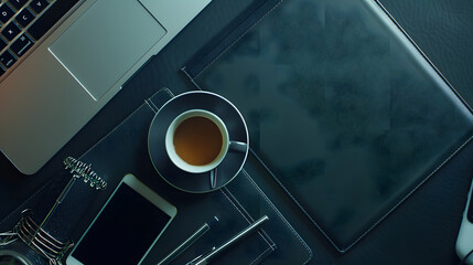 Aufkleber - Office leather desk table with computer supplies and coffee cup Top view with copy space : Generative AI