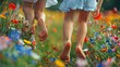 close-up of children's legs on the background of a field of flowers. Selective focus