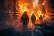 A trio of firefighters in gear walk towards a massive forest fire engulfing everything around