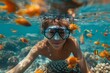 A snorkeler explores coral reef surrounded by tropical fish in clear blue water, capturing a sense of adventure and exploration