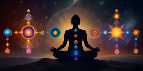 Cosmic Meditation: Person Connecting with Universe, Chakras, and Prana for Spiritual Harmony, Inner Peace, and Mindful Enlightenment - Transcendence Through Cosmic Consciousness