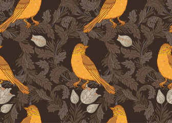 Wall Mural - Vintage style seamless pattern with Floral wreath and birds for retro wallpapers. Enchanted Vintage Flowers. Arts and Crafts movement inspired. Design for wrapping paper, wallpaper, fabrics and