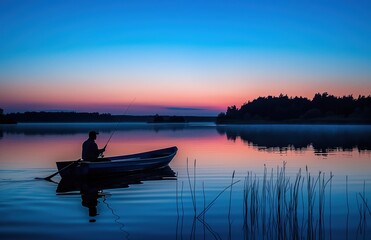 Poster - A fisherman on a boat was fishing in a calm lake at dusk with a silhouette of a forest and a blue sky background