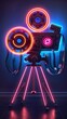 neon movie camera with film reels on top icon