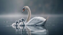 Swan Mother Teaching Her Cygnets To Swim On A Serene Lake, Guiding Them Through The Water With Grace. Early Morning Mist. Motherhood, Maternal Care, Mather's Day. AI Generated