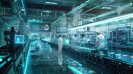 futuristic factory interior with workers and holographic displays for advanced manufacturing automat