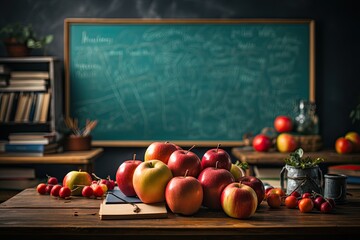 Leinwandbilder - A table with a blackboard, suitable for use in an office or a school classroom. The setting encourages productivity, creativity, and collaboration in various environments, Generative AI.