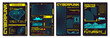 Retro futuristic design elements, perspective grid, tunnel, circle. Techno cyber, retrofuturistic synthwave background punk. Cyberpunk retro futuristic poster set abstract cosmic shapes. Vector