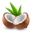 Two halves of a coconut with a palm leaf isolated on a transparent background.