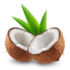 Wall Mural - two halves of a coconut with a palm leaf isolated on a transparent background.