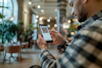 Brazilian male customer using a mobile phone to scan a QR code for a restaurant menu