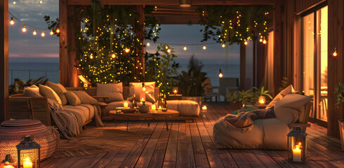 Canvas Print - A modern rooftop terrace with comfortable outdoor seating, surrounded by lanterns and string lights, overlooking the ocean at dusk.