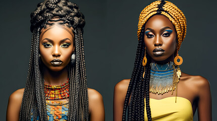 Two women with long, braided hair and colorful accessories