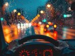 Driving a car on the city streets on a rainy night