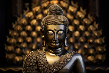 Poster - A gold statue of a Buddha is sitting on a table.