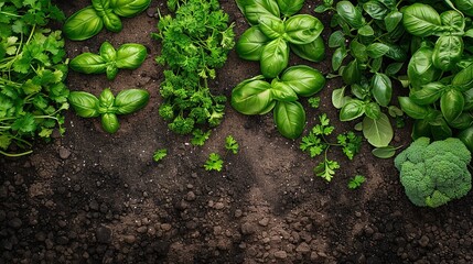 a bountiful vegetable patch captured from above, with soil nurturing a variety of healthy plants suc