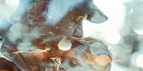 double exposure of a father hardworking, love family, quality life, fathers day, aspect ratio 2:1