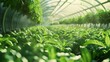 Agriculture on a picturesque backdrop with a greenhouse filled with lush green crops