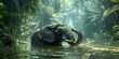 A majestic elephant enjoying a bath in a tranquil jungle river, surrounded by lush greenery and soft light