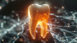 an anatomically detailed human tooth floating above a transparent glowing depiction of nerve endings