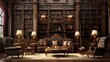 © MUHAMMADUMAR - Gilded Age Library:  a library from the Gilded Age with dark mahogany bookshelves, plush leather chairs, and gold-embossed details, reflecting the wealth and luxury of America's industrial era