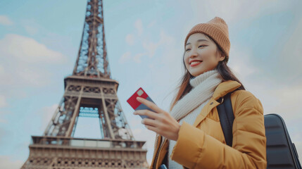  an Asian female traveler standing in front of an iconic international landmark holding a credit card up to a mobile payment terminal