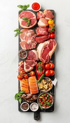 Wooden display of meat cuts selection in shop with blank price tags, wide banner for copy space