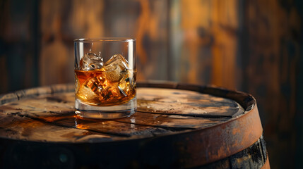 Poster - Glass of whiskey with ice cubes on the old barrel With copy space on wooden background : Generative AI