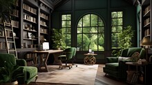 Lush Green Study: Plan A Study With Walls Painted In Rich Forest Green, Dark Wooden Furniture, And Accents Of Leafy Greenery, Bringing The Tranquility Of Nature Indoors