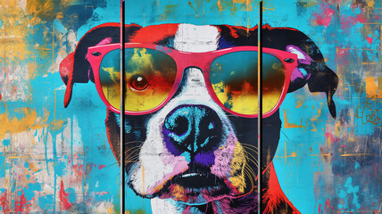 3 panel wall art, Wow pop art Dog face. Dog with colorful glasses pop art background. Pop art poster usable for interior design.