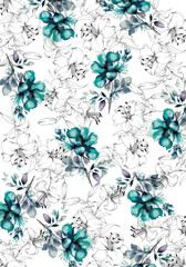 Watercolor flowers and contour drawing floral design pattern