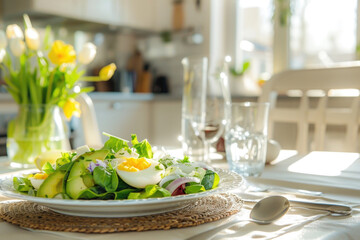 Wall Mural - Beautiful table setting with spring Cobb salad with avocado, eggs,  croutons and lemon dressing
