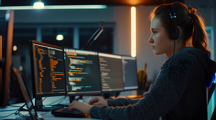 side view portrait of female it developer typing on keyboard with black and orange programming code 