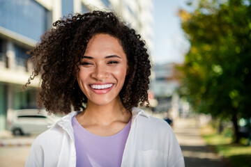 Sticker - Portrait of adorable optimistic pretty woman going shopping summer holiday vacation outside