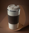 beige thermo cup or thermos mug for tea or coffee on brown background. Hot beverage.