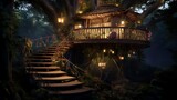 Fototapeta  - Plan an enchanted forest treehouse with wooden bridges, fairy houses, and a canopy bed suspended among the branches, providing a magical retreat