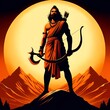 Illustration for parshuram jayanti with a silhouette of lord parshuram holding bow and axe.
