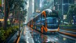A glimpse into a future urban environment where self-driving buses and integrated traffic management systems revolutionize transportation