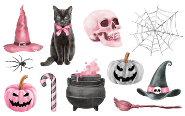 watercolor halloween set of isolated hats, bats and pumpkins on the white background