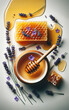 Lavender honey pouring with honey fresh lavender white surface. concept of natural honey, lavender
