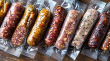 Overhead View Of Various Traditional Italian Sausages In Vacuum-sealed Packaging, Neatly Arranged In A Row