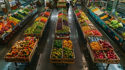 Wall Mural - A panoramic view of a grocery store filled with a variety of fresh fruits and vegetables neatly displayed on shelves and tables