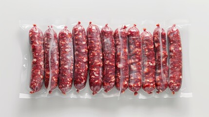 Sticker - Topdown view of traditional Italian sausages neatly arranged in vacuum-sealed packaging, showcasing rich color and texture on BwAy background