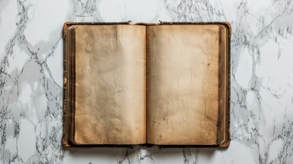 Old opened book with blank pages on white marble background. Top view. Mockup old book