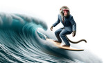 Fototapeta  - サーフボードで波に乗るスーツを着た日本猿