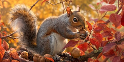 A fluffy squirrel sits amid autumn leaves, holding a nut in its delicate paws, capturing the essence of fall