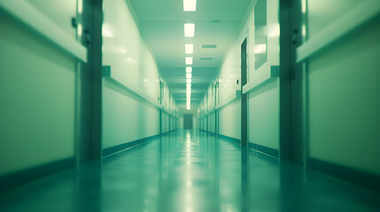 Poster - Bright empty defocused hospital corridor background with copy space : Generative AI