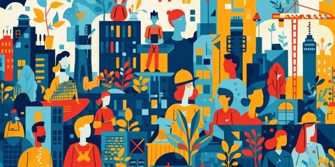 Canvas Print - Illustration of diverse people working together in an urban setting