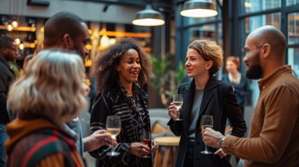 A diverse group of professionals standing around a central area, enjoying glasses of wine together in a loft setting