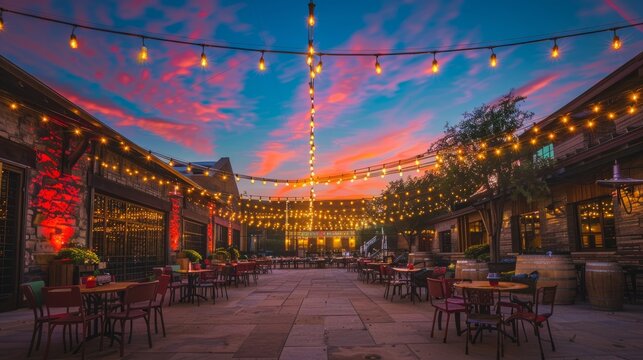 a wide-angle shot capturing a festive outdoor dining area at dusk, with colorful string lights illum